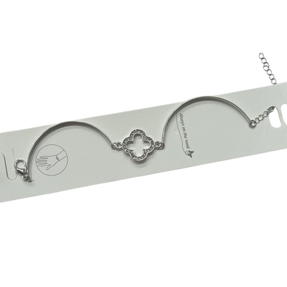 Elegant Silver Bangle Bracelet with Studded Clover Charm NWT